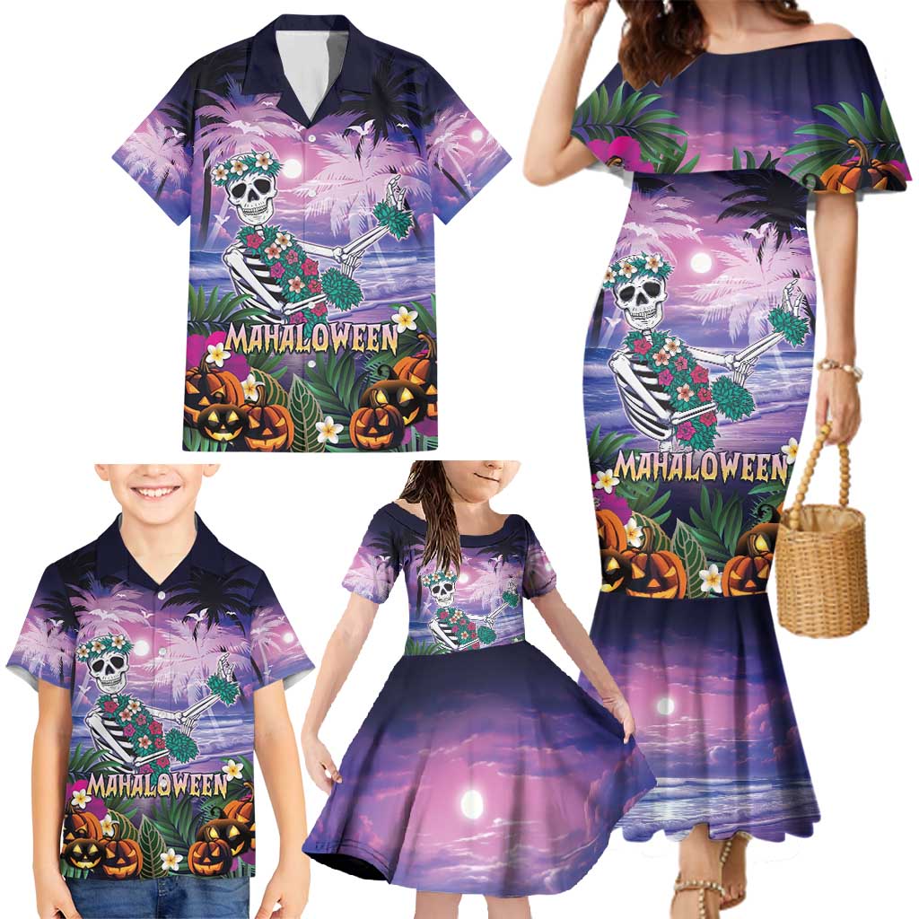 Happy Hulaween Family Matching Mermaid Dress and Hawaiian Shirt Mahaloween Skeleton Dancing