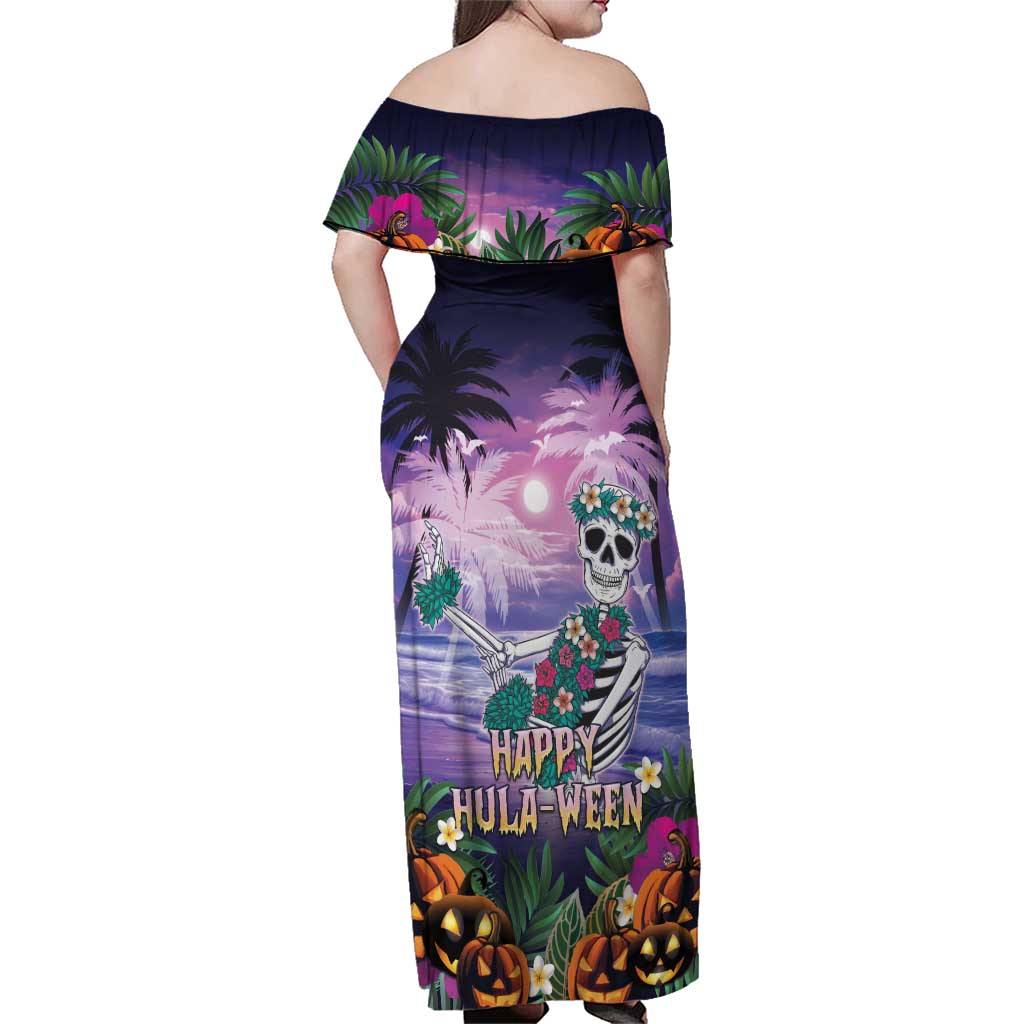 Happy Hulaween Family Matching Off Shoulder Maxi Dress and Hawaiian Shirt Mahaloween Skeleton Dancing
