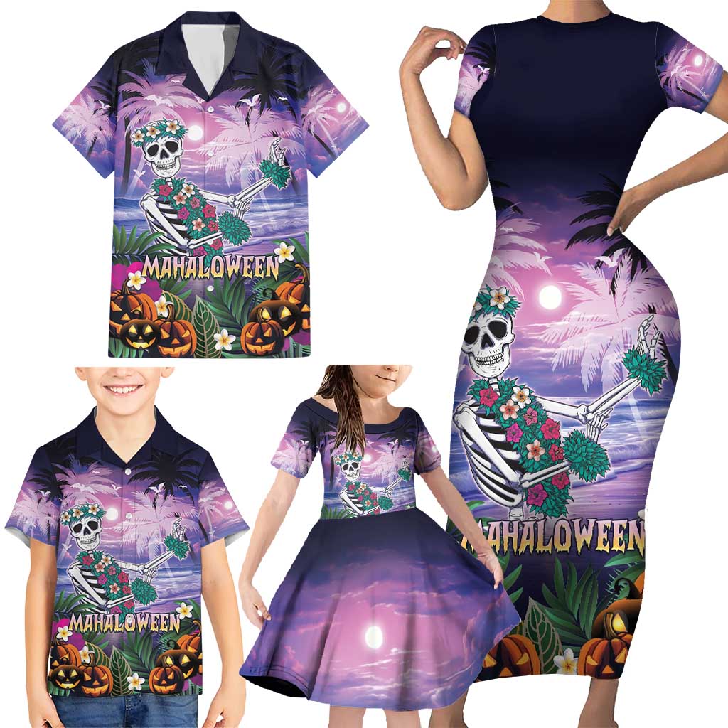 Happy Hulaween Family Matching Short Sleeve Bodycon Dress and Hawaiian Shirt Mahaloween Skeleton Dancing