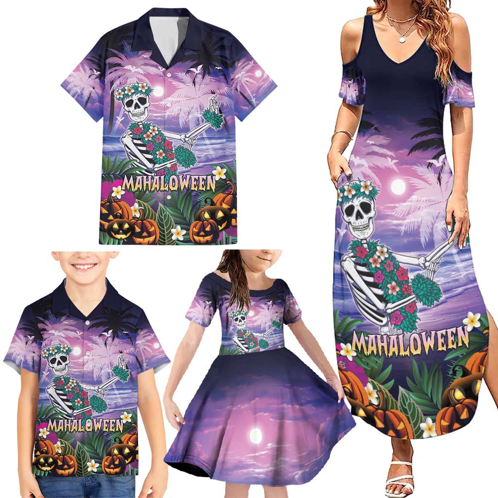 Happy Hulaween Family Matching Summer Maxi Dress and Hawaiian Shirt Mahaloween Skeleton Dancing