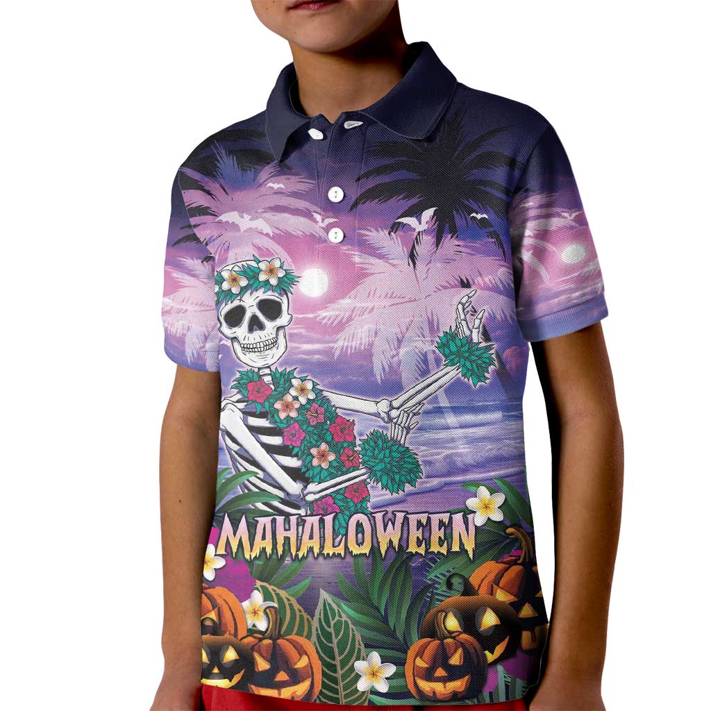 Happy Hulaween Kid Polo Shirt Mahaloween Skeleton Dancing