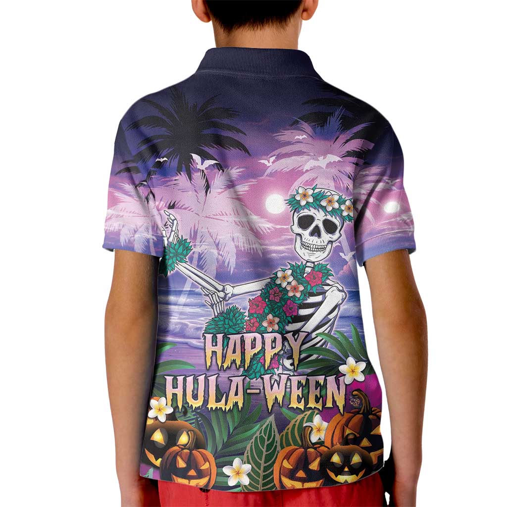 Happy Hulaween Kid Polo Shirt Mahaloween Skeleton Dancing