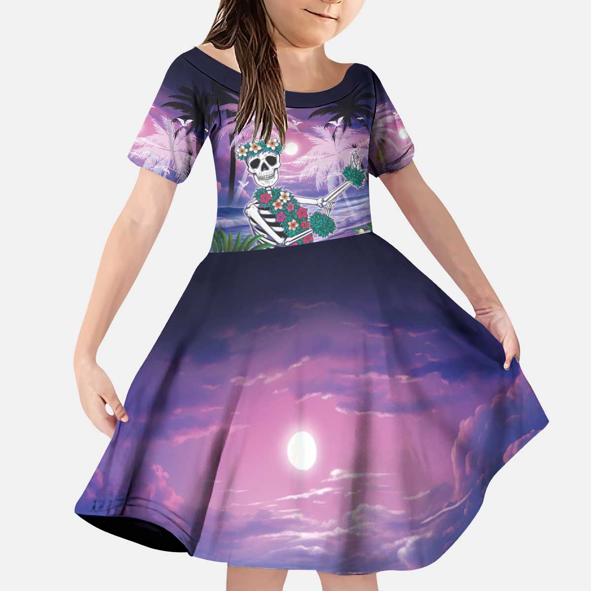 Happy Hulaween Kid Short Sleeve Dress Mahaloween Skeleton Dancing