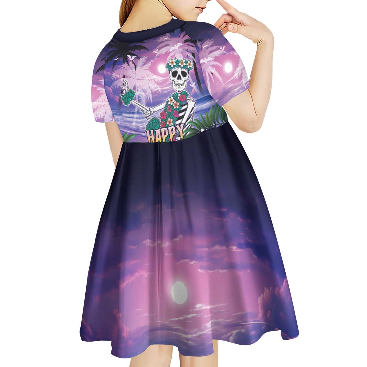 Happy Hulaween Kid Short Sleeve Dress Mahaloween Skeleton Dancing