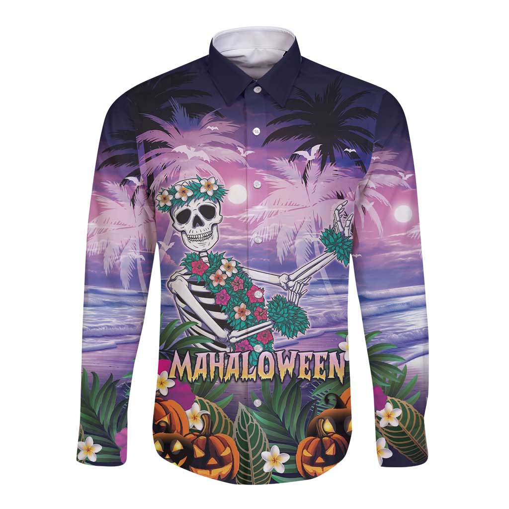 Happy Hulaween Long Sleeve Button Shirt Mahaloween Skeleton Dancing