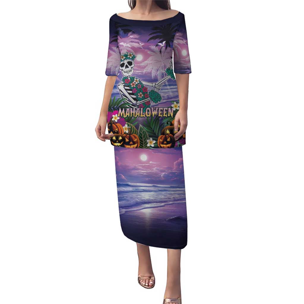 Happy Hulaween Puletasi Mahaloween Skeleton Dancing LT05 Long Dress Purple - Polynesian Pride