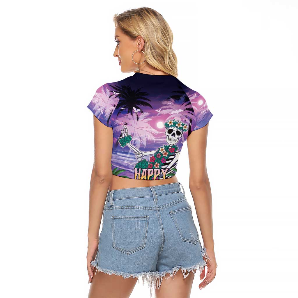Happy Hulaween Raglan Cropped T Shirt Mahaloween Skeleton Dancing LT05 - Polynesian Pride