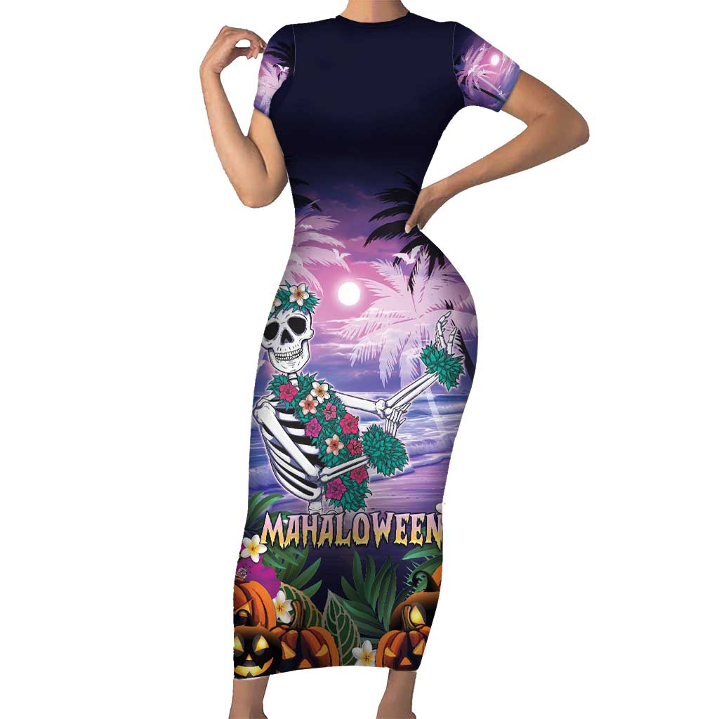 Happy Hulaween Short Sleeve Bodycon Dress Mahaloween Skeleton Dancing