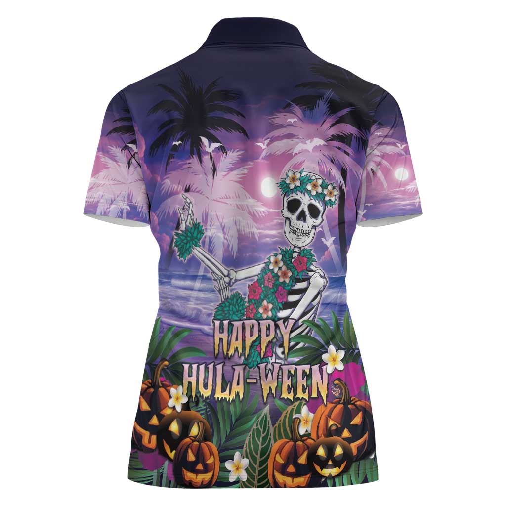 Happy Hulaween Women Polo Shirt Mahaloween Skeleton Dancing