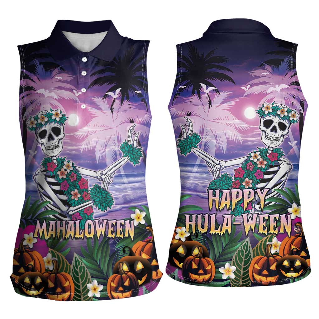 Happy Hulaween Women Sleeveless Polo Shirt Mahaloween Skeleton Dancing