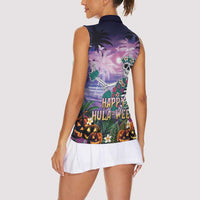 Happy Hulaween Women Sleeveless Polo Shirt Mahaloween Skeleton Dancing