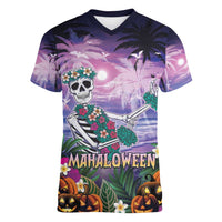 Happy Hulaween Women V-Neck T-Shirt Mahaloween Skeleton Dancing LT05 Female Purple - Polynesian Pride