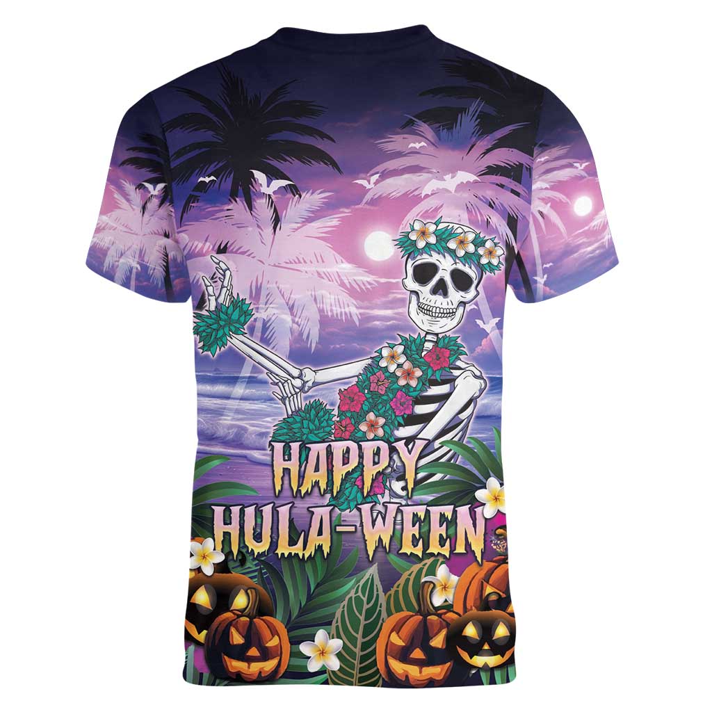 Happy Hulaween Women V-Neck T-Shirt Mahaloween Skeleton Dancing LT05 - Polynesian Pride