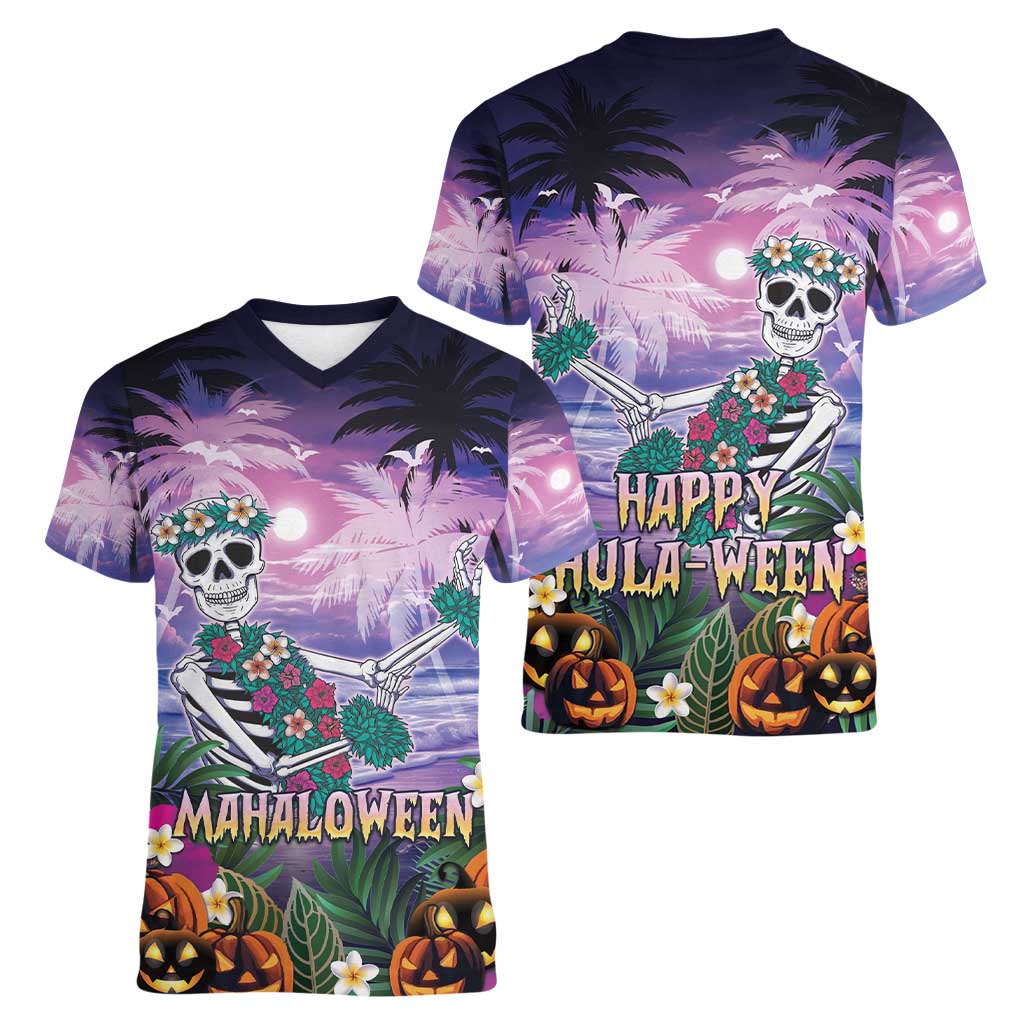 Happy Hulaween Women V-Neck T-Shirt Mahaloween Skeleton Dancing LT05 - Polynesian Pride