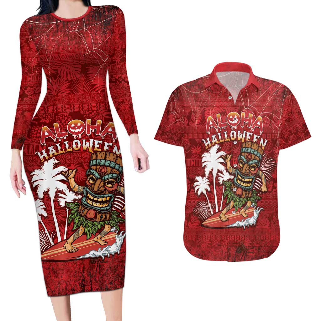 Personalised Aloha Halloween Couples Matching Long Sleeve Bodycon Dress and Hawaiian Shirt Skeleton Surfing