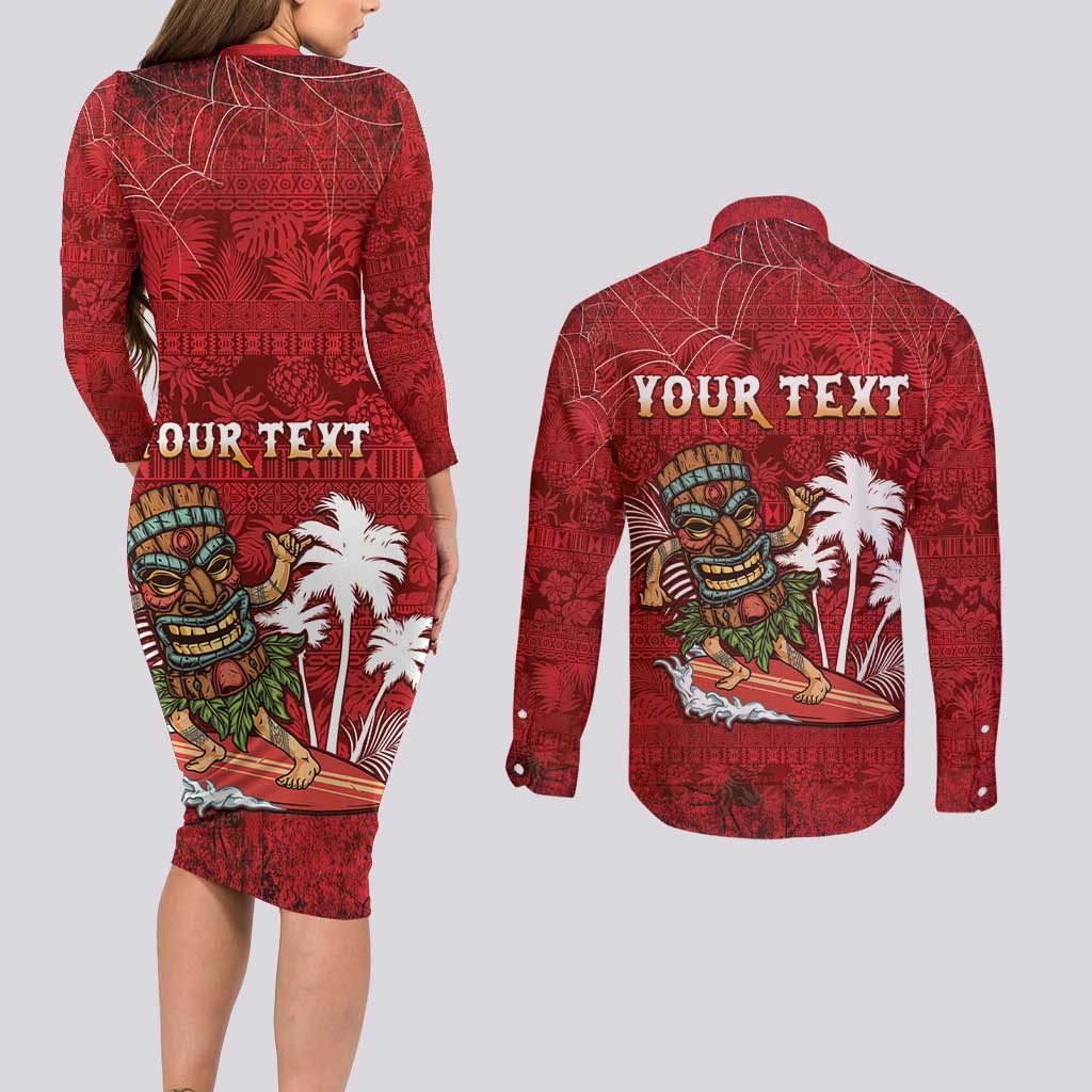 Personalised Aloha Halloween Couples Matching Long Sleeve Bodycon Dress and Long Sleeve Button Shirt Skeleton Surfing LT05 - Polynesian Pride