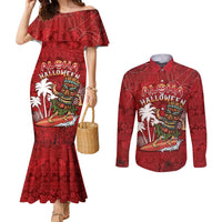 Personalised Aloha Halloween Couples Matching Mermaid Dress and Long Sleeve Button Shirt Skeleton Surfing LT05 Red - Polynesian Pride