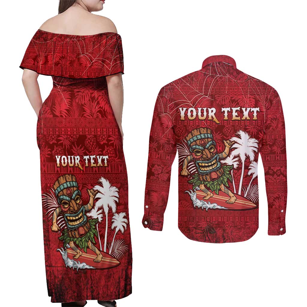 Personalised Aloha Halloween Couples Matching Off Shoulder Maxi Dress and Long Sleeve Button Shirt Skeleton Surfing LT05 - Polynesian Pride