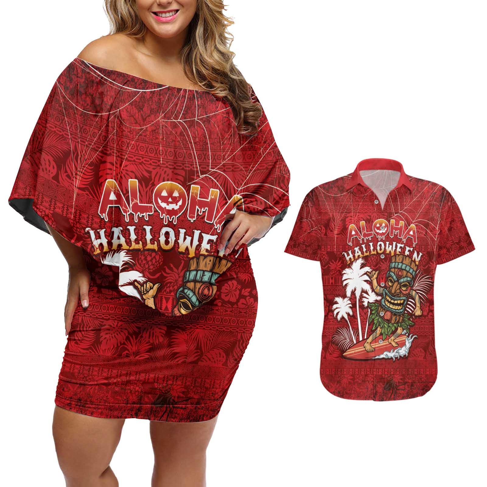 Personalised Aloha Halloween Couples Matching Off Shoulder Short Dress and Hawaiian Shirt Skeleton Surfing LT05 Red - Polynesian Pride