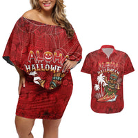 Personalised Aloha Halloween Couples Matching Off Shoulder Short Dress and Hawaiian Shirt Skeleton Surfing LT05 Red - Polynesian Pride