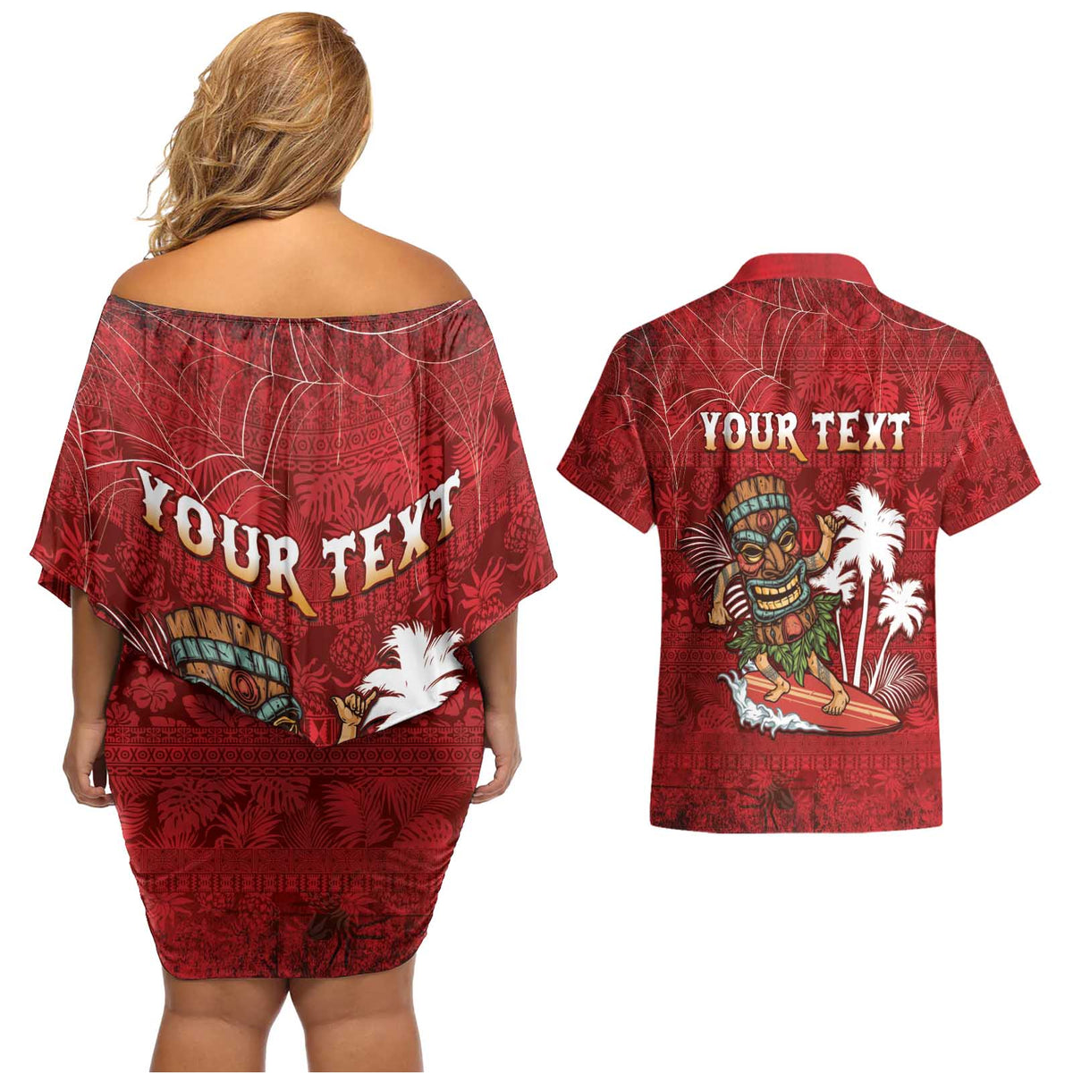 Personalised Aloha Halloween Couples Matching Off Shoulder Short Dress and Hawaiian Shirt Skeleton Surfing LT05 - Polynesian Pride