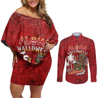 Personalised Aloha Halloween Couples Matching Off Shoulder Short Dress and Long Sleeve Button Shirt Skeleton Surfing LT05 Red - Polynesian Pride