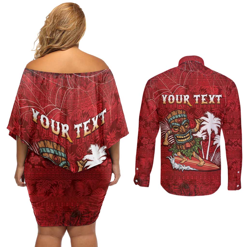 Personalised Aloha Halloween Couples Matching Off Shoulder Short Dress and Long Sleeve Button Shirt Skeleton Surfing LT05 - Polynesian Pride
