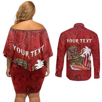 Personalised Aloha Halloween Couples Matching Off Shoulder Short Dress and Long Sleeve Button Shirt Skeleton Surfing LT05 - Polynesian Pride