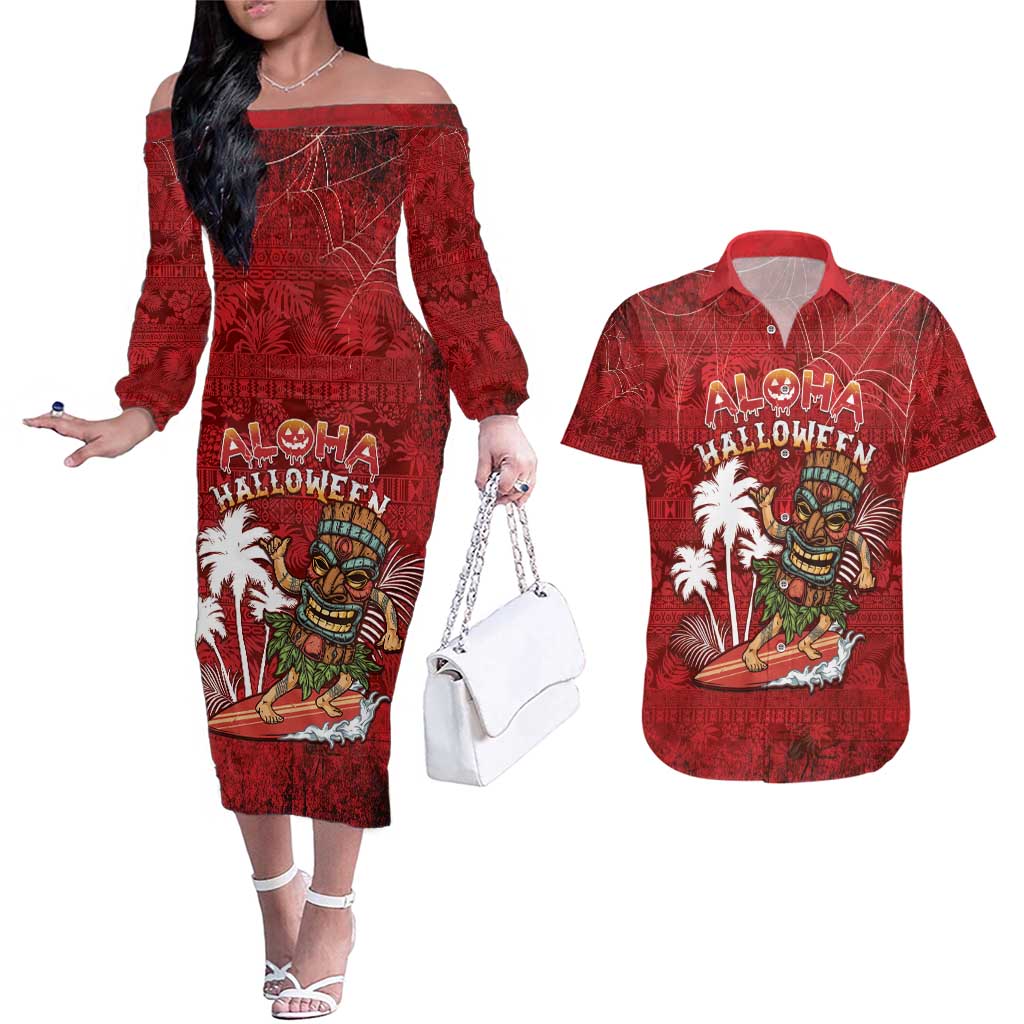 Personalised Aloha Halloween Couples Matching Off The Shoulder Long Sleeve Dress and Hawaiian Shirt Skeleton Surfing LT05 Red - Polynesian Pride