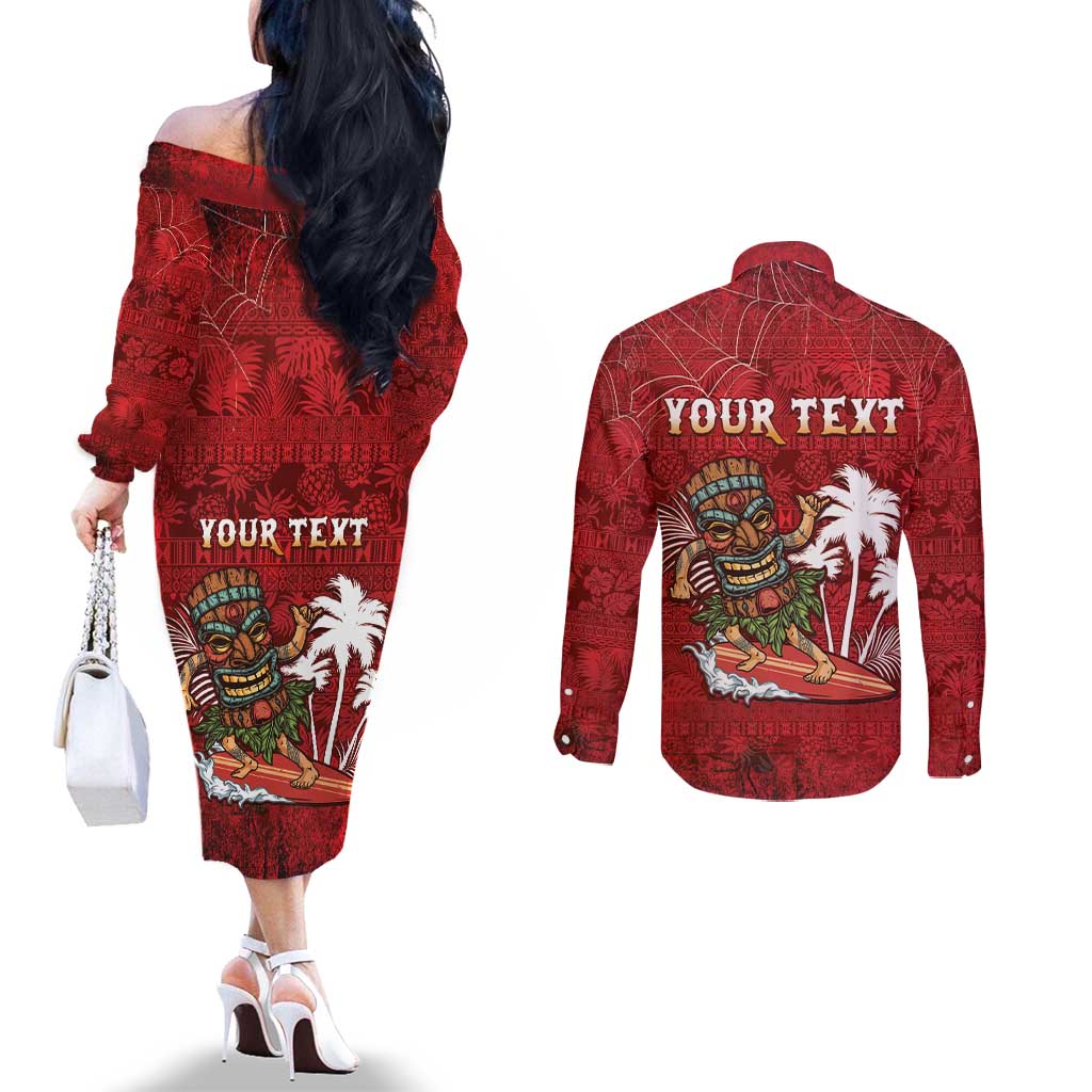 Personalised Aloha Halloween Couples Matching Off The Shoulder Long Sleeve Dress and Long Sleeve Button Shirt Skeleton Surfing LT05 - Polynesian Pride