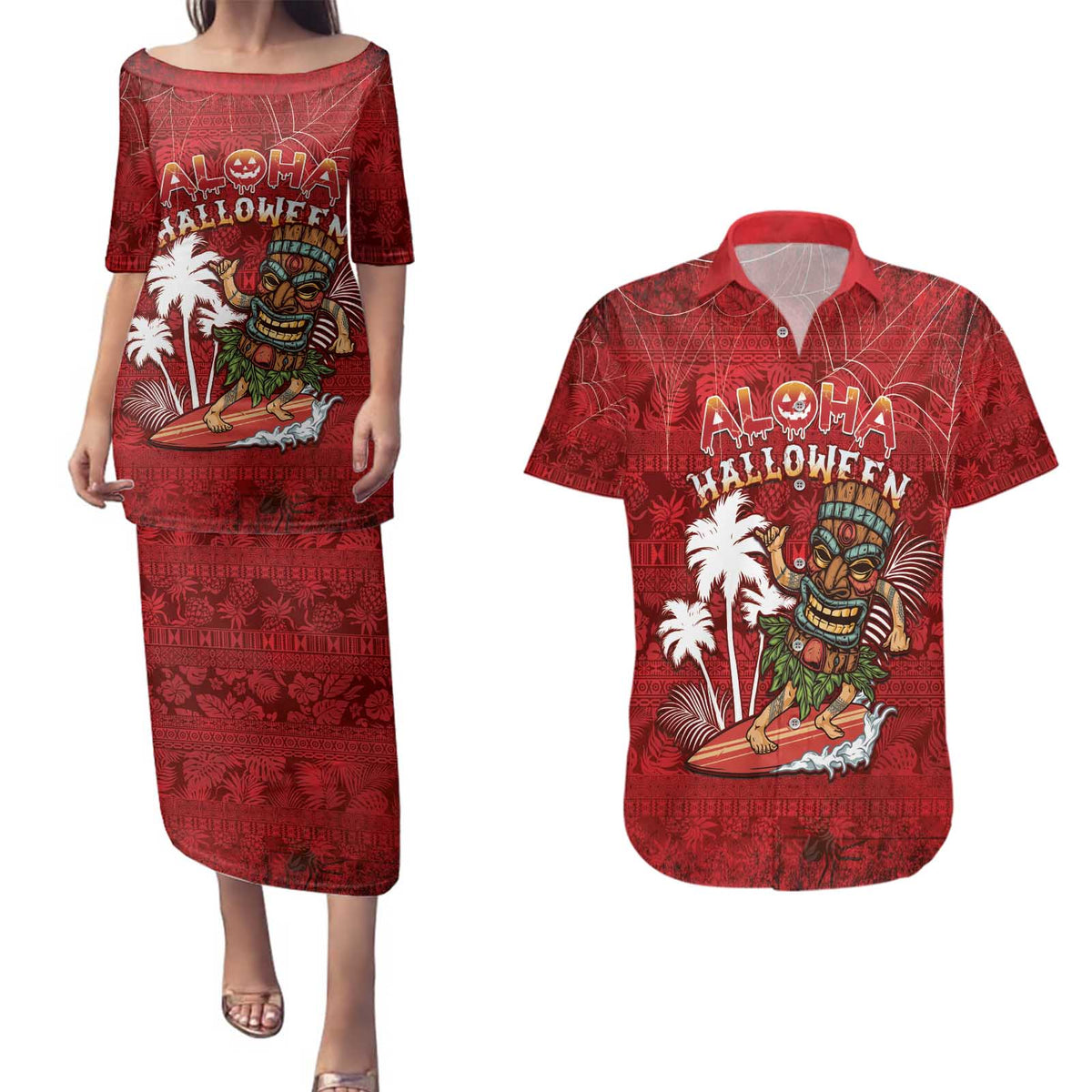 Personalised Aloha Halloween Couples Matching Puletasi and Hawaiian Shirt Skeleton Surfing LT05 Red - Polynesian Pride
