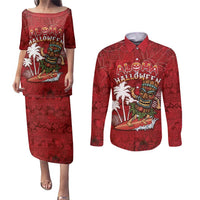 Personalised Aloha Halloween Couples Matching Puletasi and Long Sleeve Button Shirt Skeleton Surfing LT05 Red - Polynesian Pride
