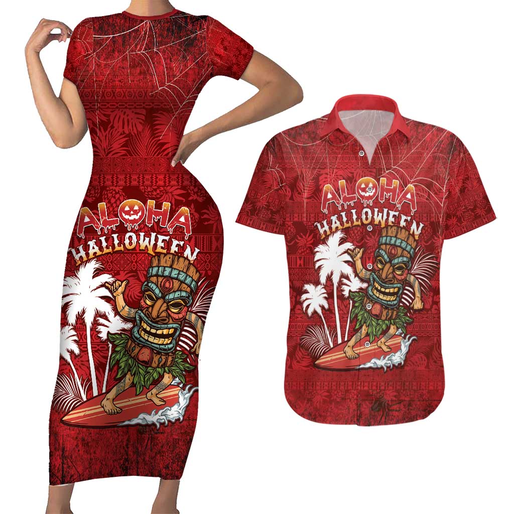 Personalised Aloha Halloween Couples Matching Short Sleeve Bodycon Dress and Hawaiian Shirt Skeleton Surfing LT05 Red - Polynesian Pride