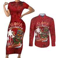 Personalised Aloha Halloween Couples Matching Short Sleeve Bodycon Dress and Long Sleeve Button Shirt Skeleton Surfing LT05 Red - Polynesian Pride