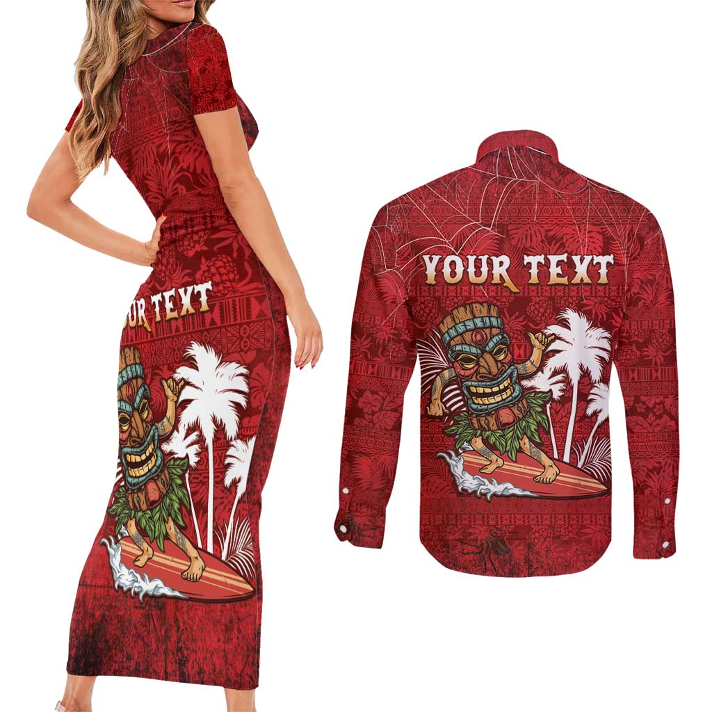 Personalised Aloha Halloween Couples Matching Short Sleeve Bodycon Dress and Long Sleeve Button Shirt Skeleton Surfing LT05 - Polynesian Pride