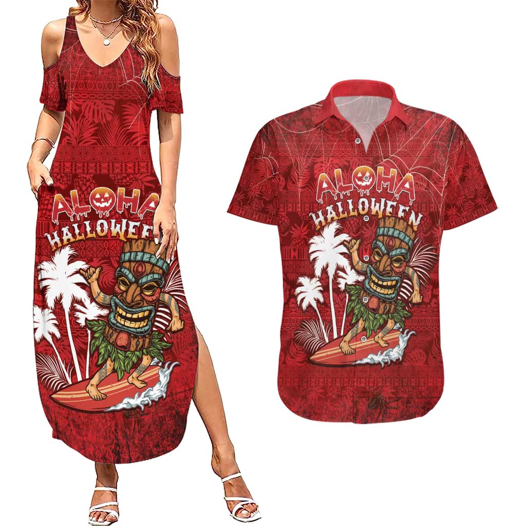 Personalised Aloha Halloween Couples Matching Summer Maxi Dress and Hawaiian Shirt Skeleton Surfing LT05 Red - Polynesian Pride