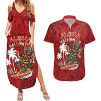Personalised Aloha Halloween Couples Matching Summer Maxi Dress and Hawaiian Shirt Skeleton Surfing LT05 Red - Polynesian Pride