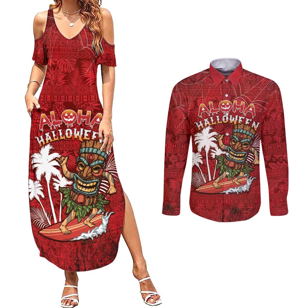 Personalised Aloha Halloween Couples Matching Summer Maxi Dress and Long Sleeve Button Shirt Skeleton Surfing LT05 Red - Polynesian Pride