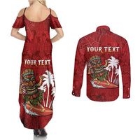 Personalised Aloha Halloween Couples Matching Summer Maxi Dress and Long Sleeve Button Shirt Skeleton Surfing LT05 - Polynesian Pride