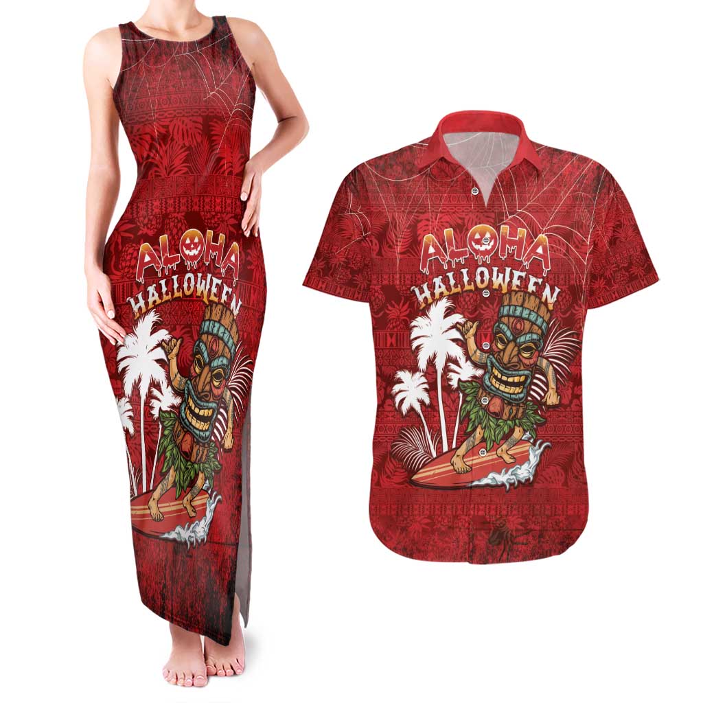 Personalised Aloha Halloween Couples Matching Tank Maxi Dress and Hawaiian Shirt Skeleton Surfing LT05 Red - Polynesian Pride