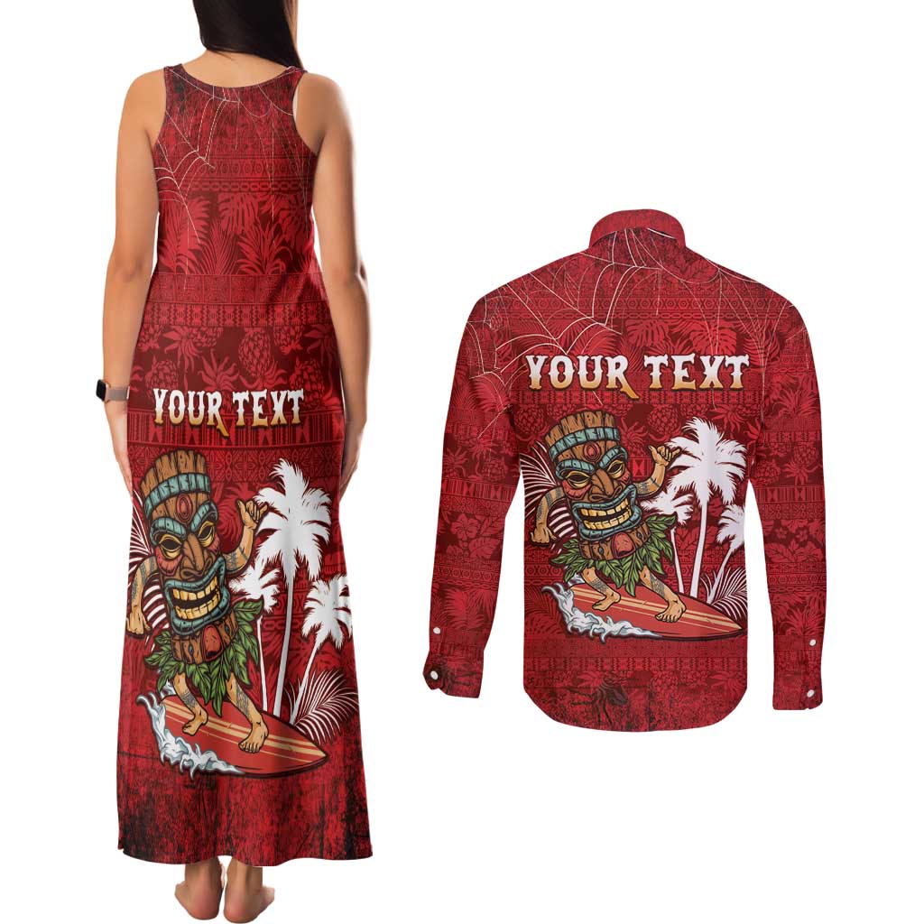 Personalised Aloha Halloween Couples Matching Tank Maxi Dress and Long Sleeve Button Shirt Skeleton Surfing LT05 - Polynesian Pride