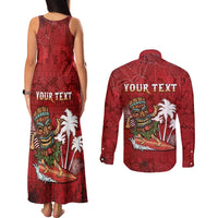 Personalised Aloha Halloween Couples Matching Tank Maxi Dress and Long Sleeve Button Shirt Skeleton Surfing LT05 - Polynesian Pride
