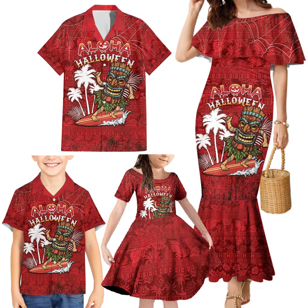 Personalised Aloha Halloween Family Matching Mermaid Dress and Hawaiian Shirt Skeleton Surfing