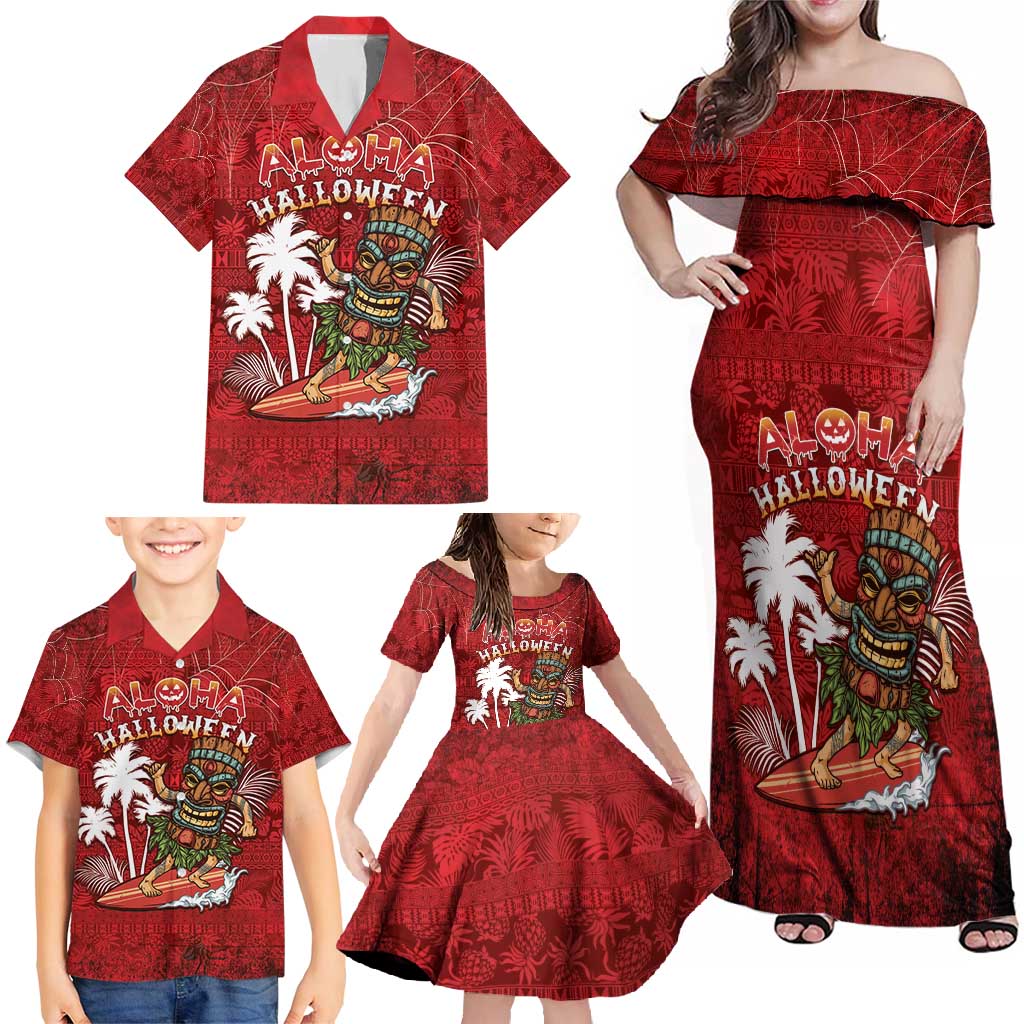 Personalised Aloha Halloween Family Matching Off Shoulder Maxi Dress and Hawaiian Shirt Skeleton Surfing