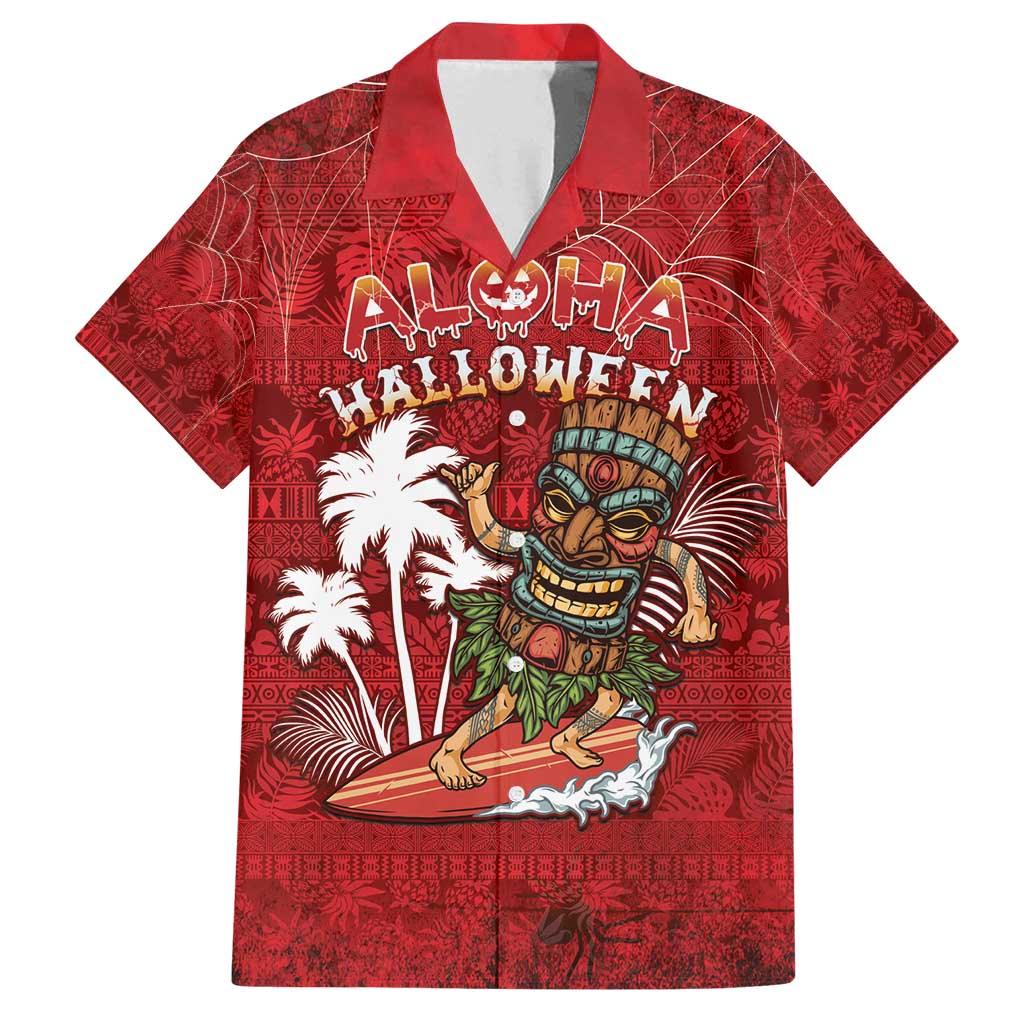 Personalised Aloha Halloween Family Matching Off Shoulder Maxi Dress and Hawaiian Shirt Skeleton Surfing LT05 Dad's Shirt - Short Sleeve Red - Polynesian Pride
