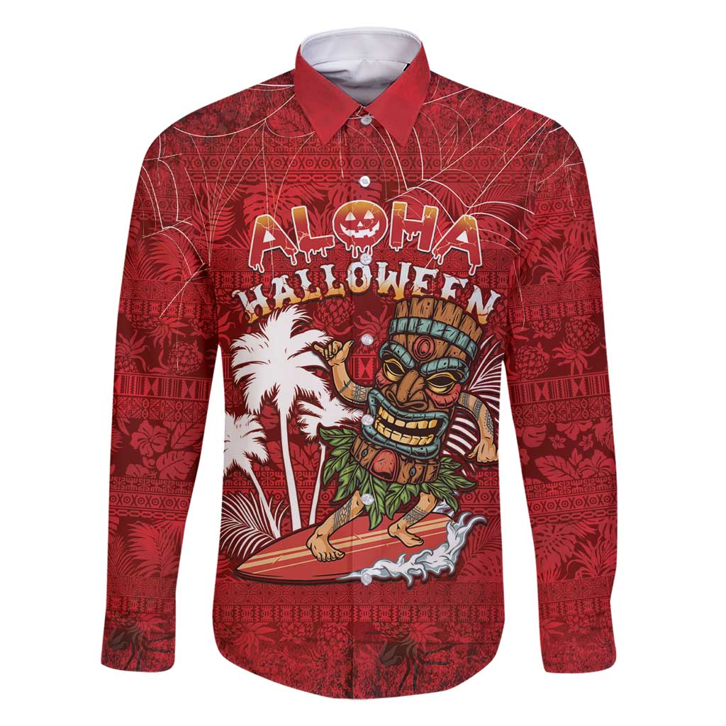 Personalised Aloha Halloween Family Matching Off Shoulder Maxi Dress and Hawaiian Shirt Skeleton Surfing LT05 Dad's Shirt - Long Sleeve Red - Polynesian Pride