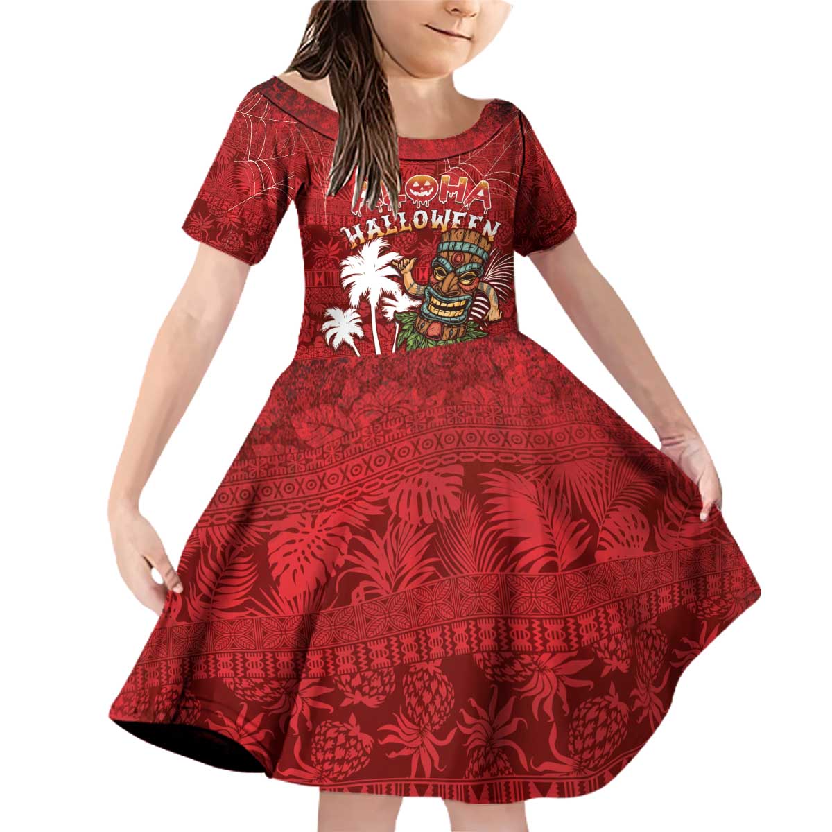 Personalised Aloha Halloween Family Matching Off Shoulder Short Dress and Hawaiian Shirt Skeleton Surfing LT05 Daughter's Dress Red - Polynesian Pride