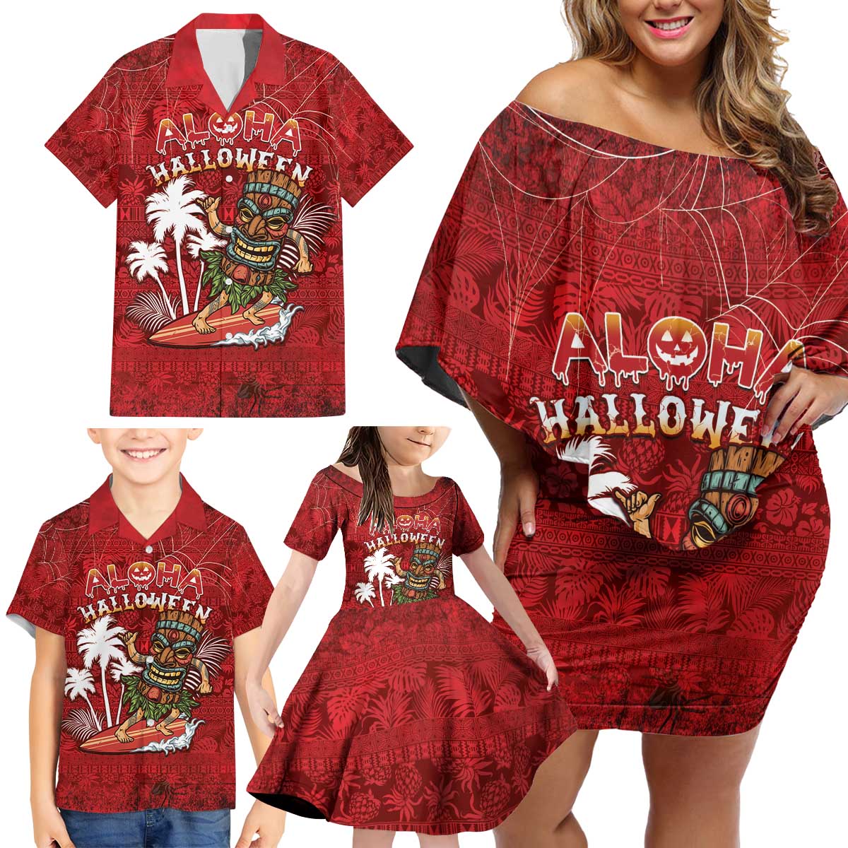 Personalised Aloha Halloween Family Matching Off Shoulder Short Dress and Hawaiian Shirt Skeleton Surfing