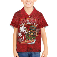 Personalised Aloha Halloween Family Matching Off Shoulder Short Dress and Hawaiian Shirt Skeleton Surfing LT05 Son's Shirt Red - Polynesian Pride