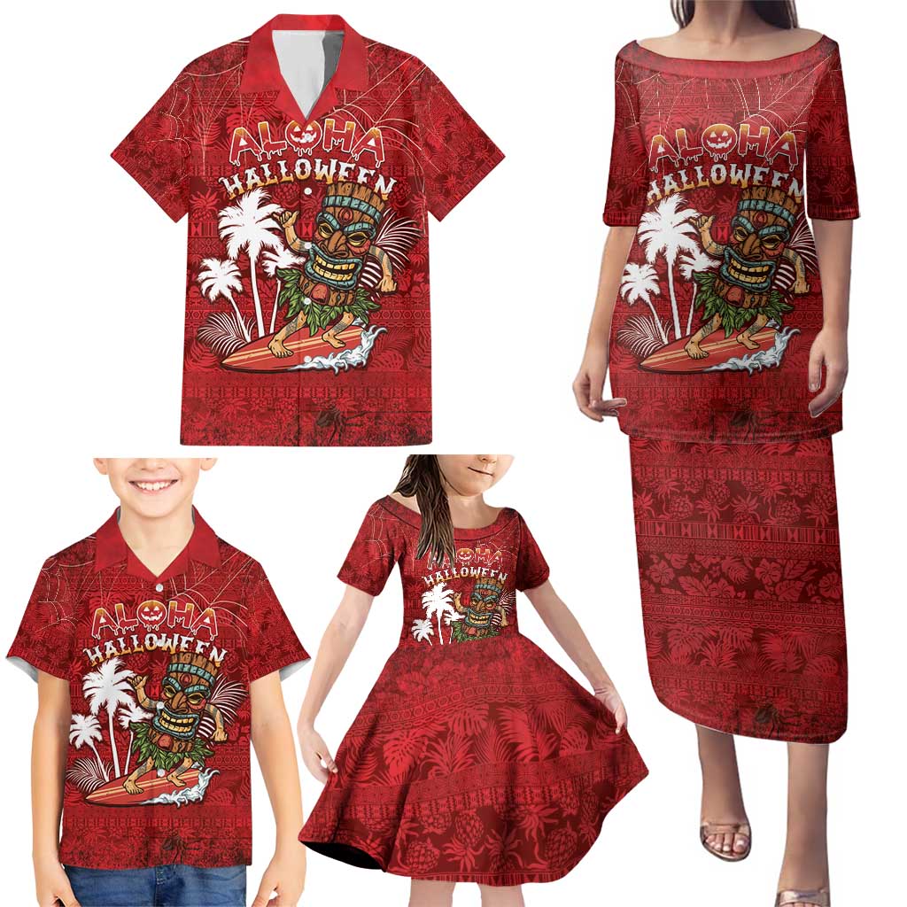 Personalised Aloha Halloween Family Matching Puletasi and Hawaiian Shirt Skeleton Surfing